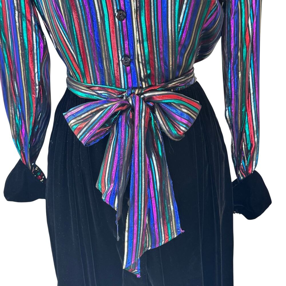 Christa New York Vintage Metallic‎ Striped Velvet Gown Maxi Shirt Dress Size 10 - Picture 4 of 16